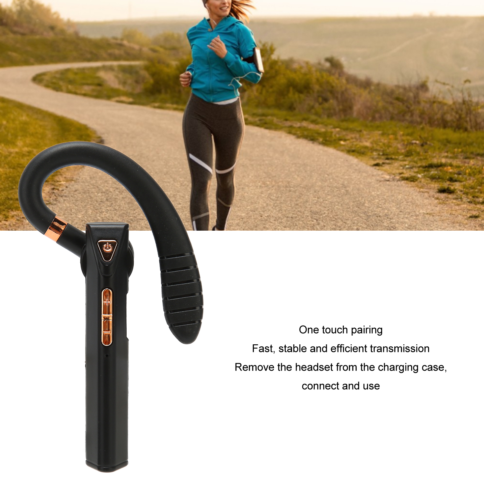 Eine Frau läuft auf einem Weg. Ein schwarzes Headset ist im Vordergrund. Das Headset hat goldene Akzente. Der Hintergrund ist eine verschwommene Landschaft.