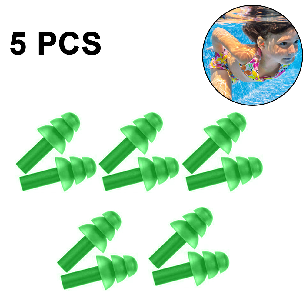 Das Bild zeigt fünf grüne Ohrstöpsel, ein Kind, das in einem Pool schwimmt, und die Worte '5 PCS'.