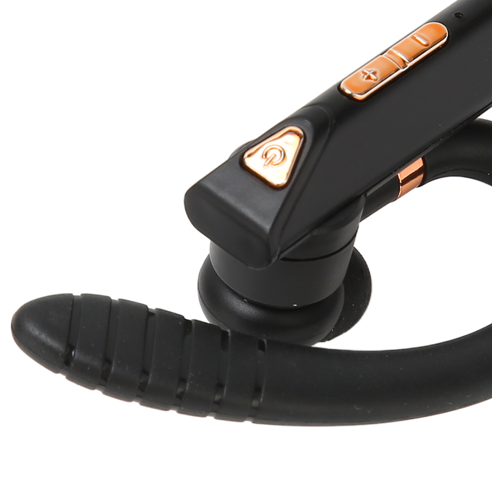 Ein schwarzes Headset mit goldenen Akzenten. Es hat einen Power-Knopf und Lautstärkeregler. Das Ohrstück ist gebogen.