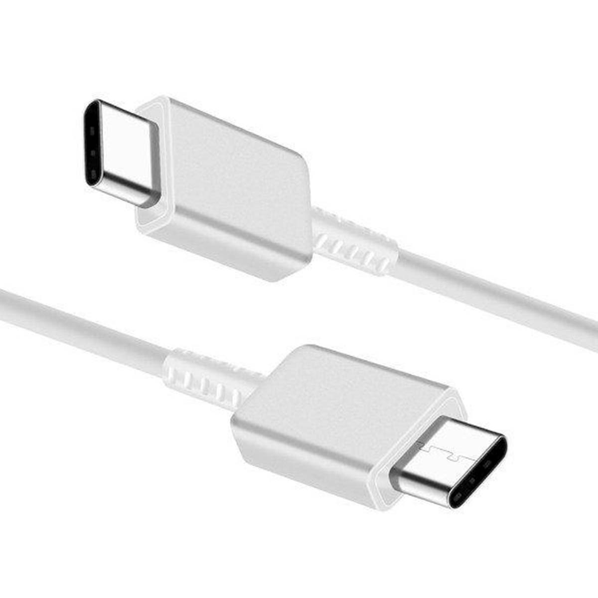 Zwei weiße USB-C-Kabel. Die Stecker sind in entgegengesetzte Richtungen gerichtet. Der Hintergrund ist schlicht weiß.