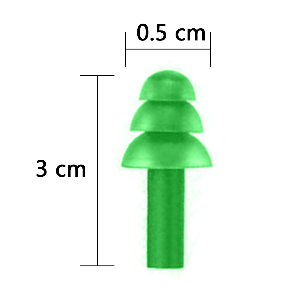 Ein grüner Ohrstöpsel, 3 cm hoch und 0,5 cm breit. Er hat drei gewölbte Abschnitte und einen Stiel. Maße sind auf dem Bild angegeben.