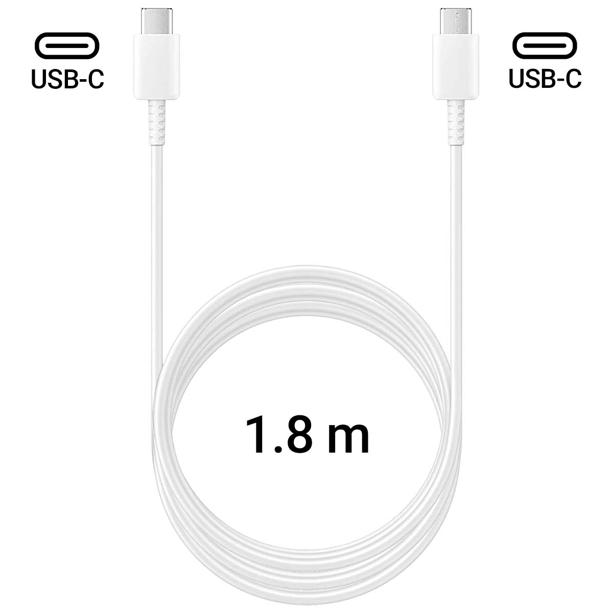 Un cavo USB-C bianco, lungo 1,8 m, arrotolato. Simboli e connettori USB-C a entrambe le estremità.