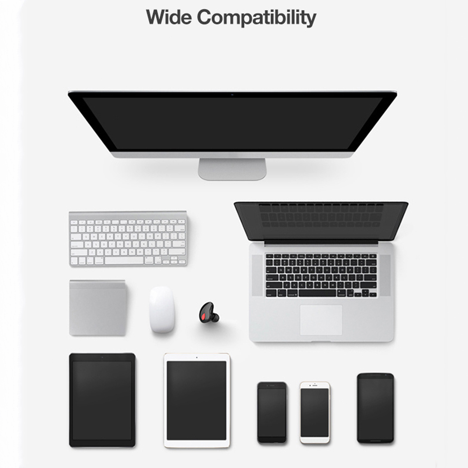 Draufsicht auf Geräte: Computer, Tastatur, Laptop, Tablets und Smartphones, die breite Kompatibilität zeigen.