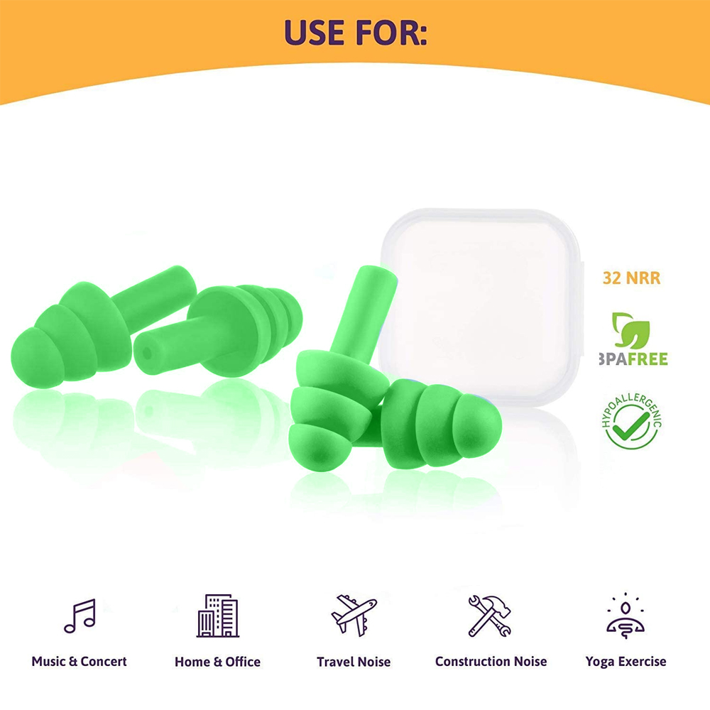Grüne Ohrstöpsel mit weißem Etui. Symbole für Musik, Zuhause, Reisen, Bau und Yoga sind unten.
