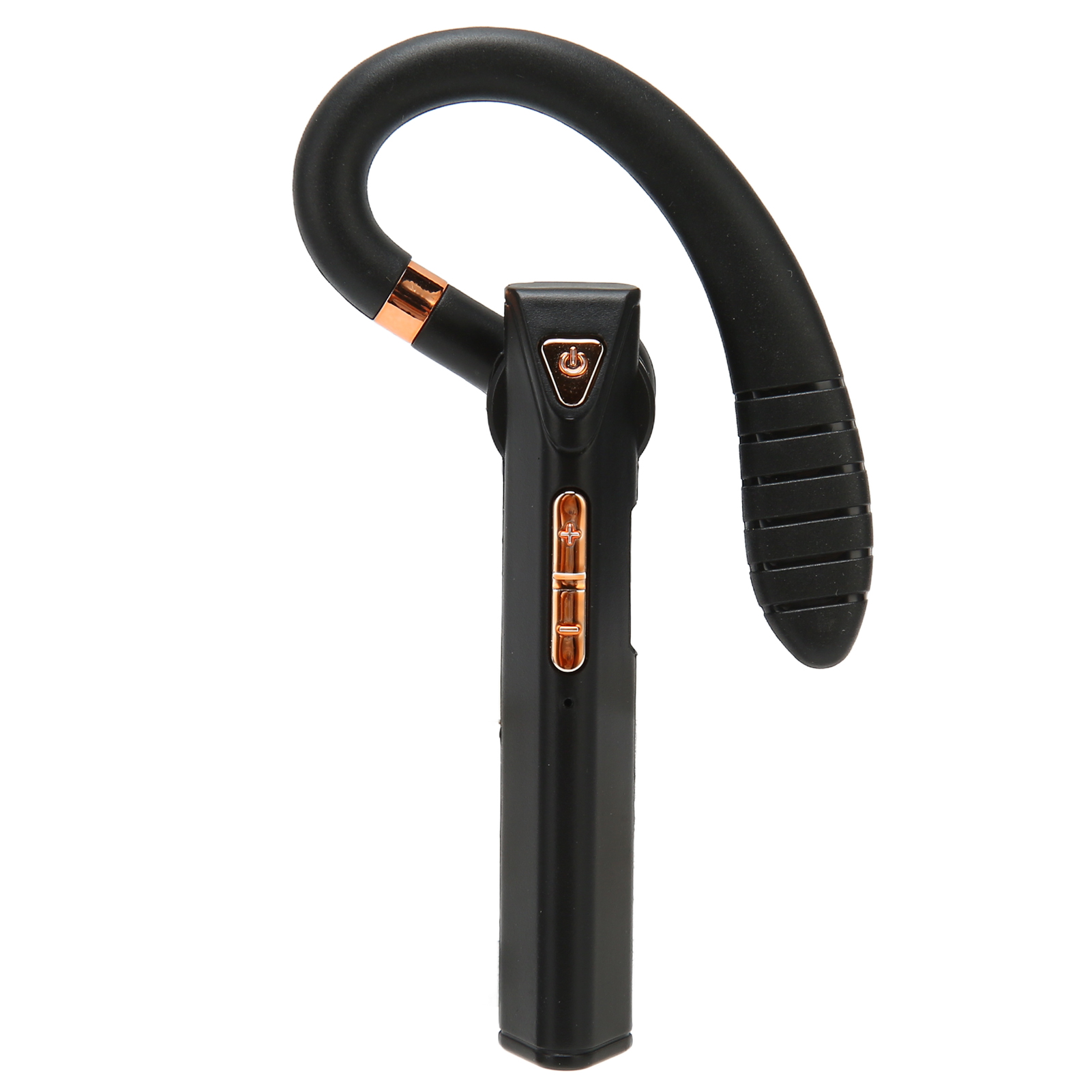Schwarzes Headset mit goldenen Akzenten. Mit Ohrbügel, Ein-/Aus-Taste und Lautstärkereglern auf weißem Hintergrund.