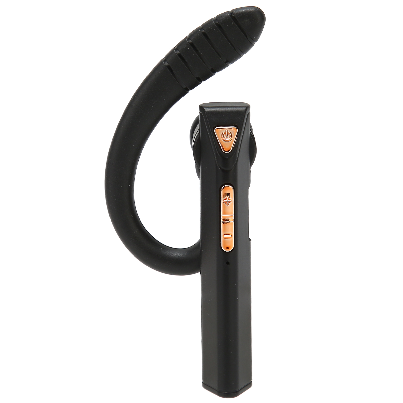 Ein schwarzes drahtloses Headset mit gebogenem Ohrbügel. Es hat goldfarbene Knöpfe und einen Ein-/Ausschalter.