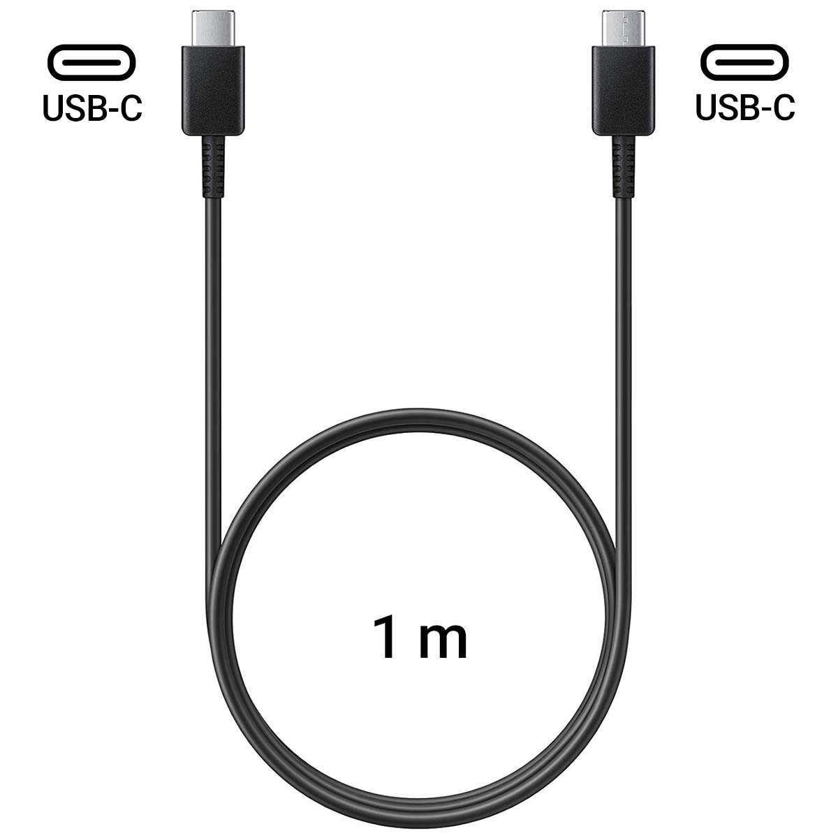 Ein schwarzes USB-C-Kabel mit einer Länge von 1 Meter wird auf weißem Hintergrund gezeigt. Zwei Anschlüsse sind sichtbar, jeweils mit USB-C beschriftet.