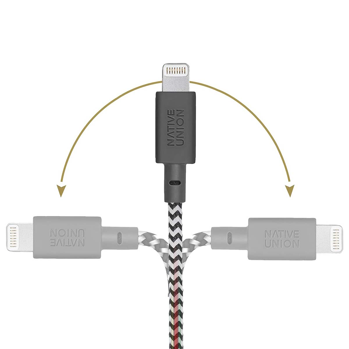 Un cavo Lightning Native Union con un cavo intrecciato nero, bianco e rosso e connettori grigi. Il cavo ha un percorso arcuato.