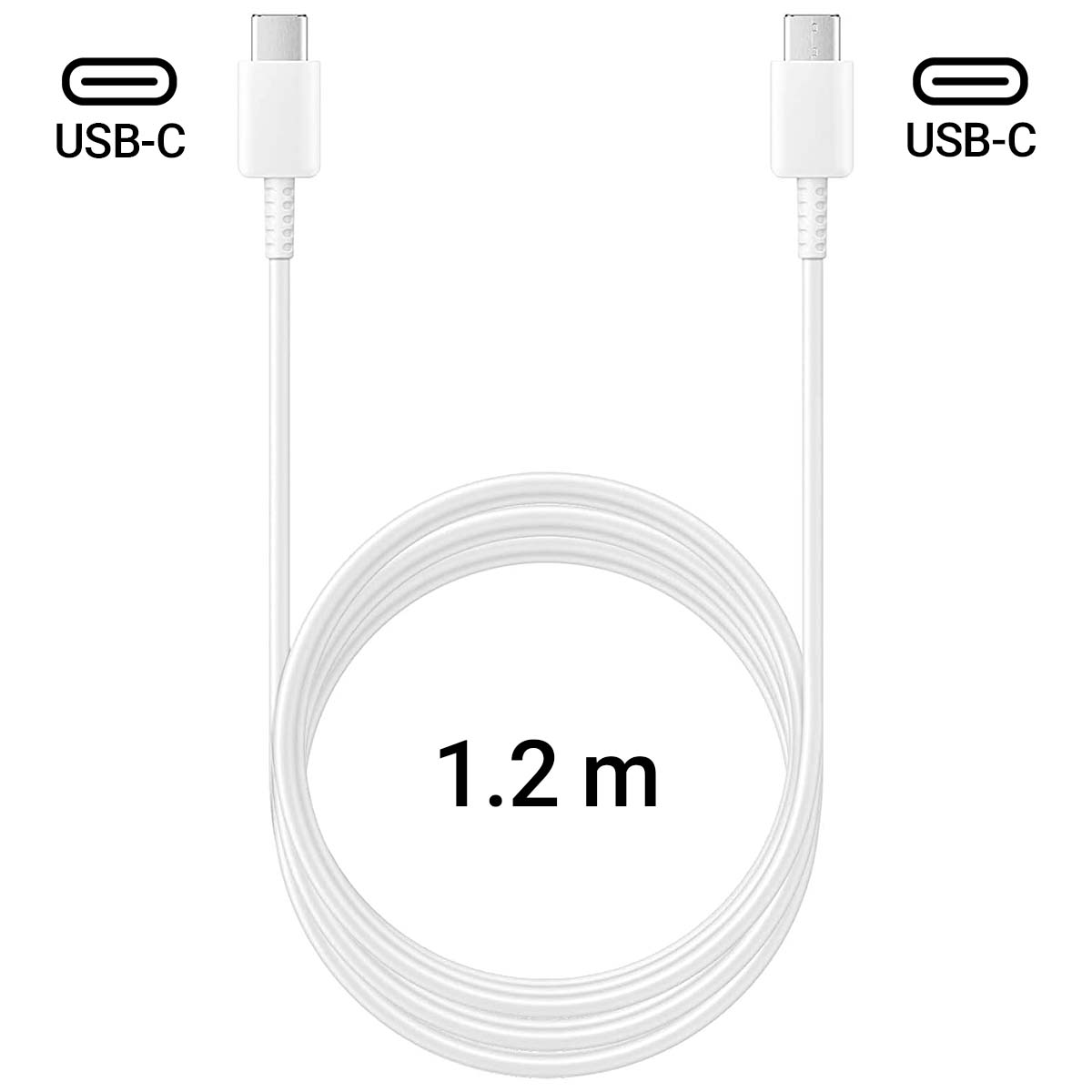 Weißes USB-C-Kabel, 1,2 m lang. Stecker an beiden Enden. Kabel kreisförmig aufgerollt. Text 'USB-C' auf beiden Seiten.