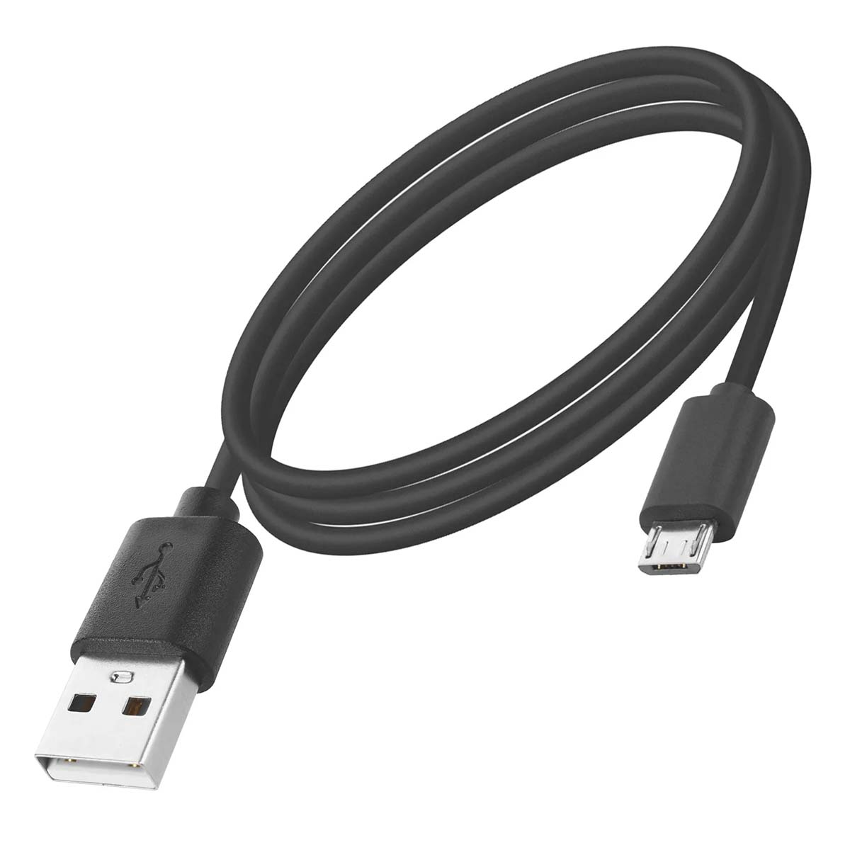 Un cavo USB nero su sfondo bianco. Un'estremità è USB standard, l'altra micro USB. Il cavo è ad anello.