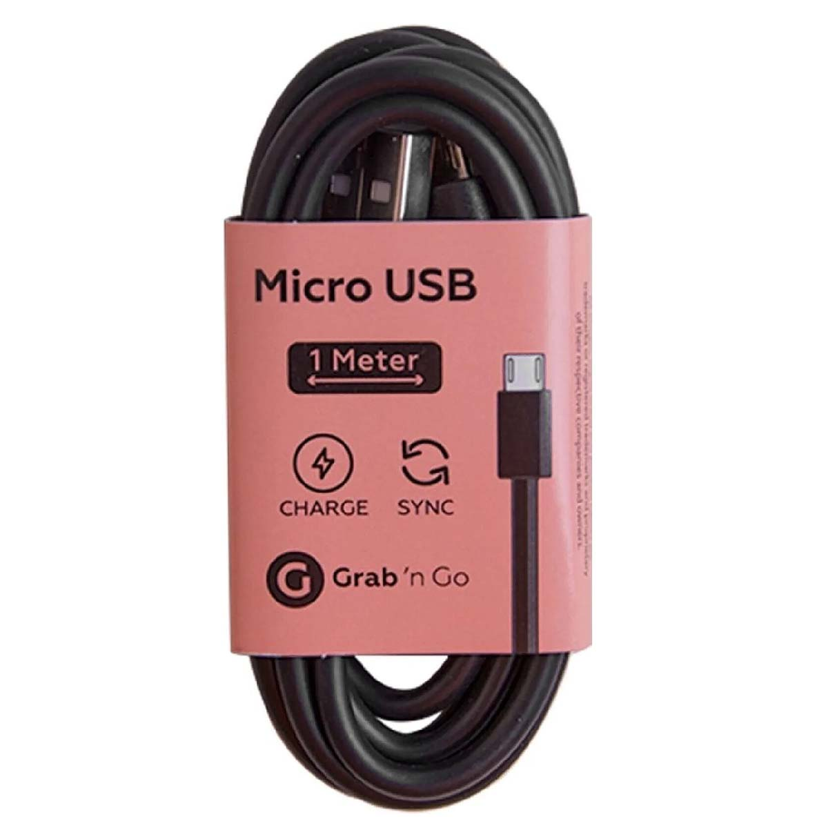 Un cavo Micro USB nero con un'etichetta rosa. L'etichetta dice "Micro USB" e "1 Metro", con simboli di carica e sincronizzazione.