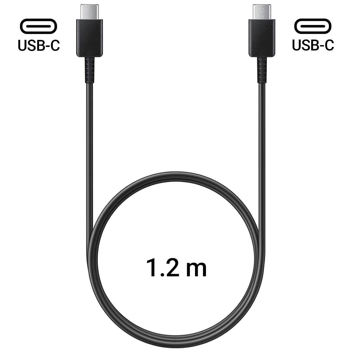 Ein schwarzes USB-C-Kabel, 1,2 m lang, mit USB-C-Symbolen an beiden Enden. Das Kabel bildet eine Schleife.