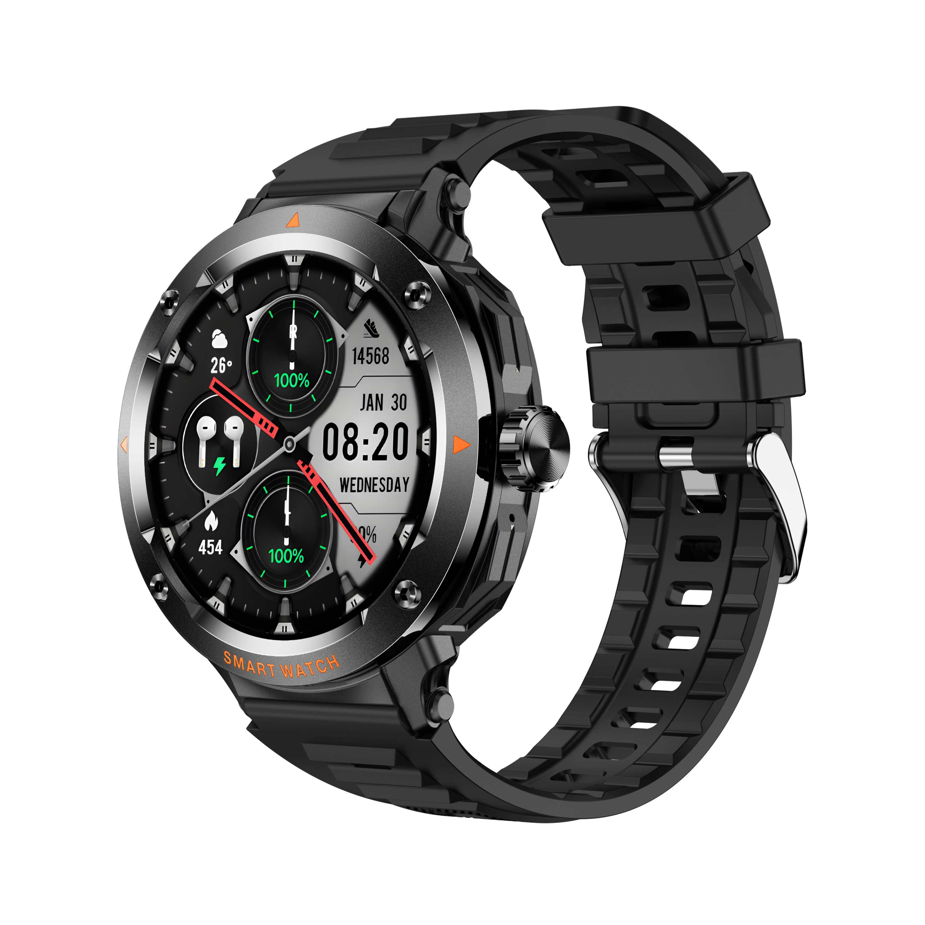 Eine schwarze Smartwatch mit digitaler Anzeige von Uhrzeit, Datum und Gesundheitsdaten. Die Uhr hat ein schwarzes Armband.