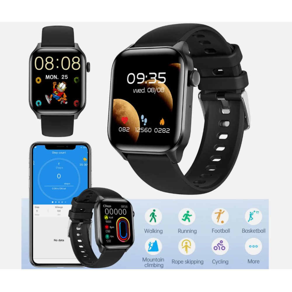 Smartwatches mit verschiedenen Displays, die Zeit, Schritte und Aktivitätssymbole anzeigen. Fitness-Icons für verschiedene Sportarten werden ebenfalls angezeigt.