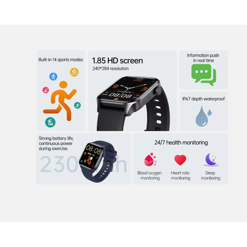 Smartwatch-Funktionen: Sportmodi, HD-Bildschirm, Gesundheitsüberwachung, Akkulaufzeit und wasserdicht. Enthält Details zum Zifferblatt.