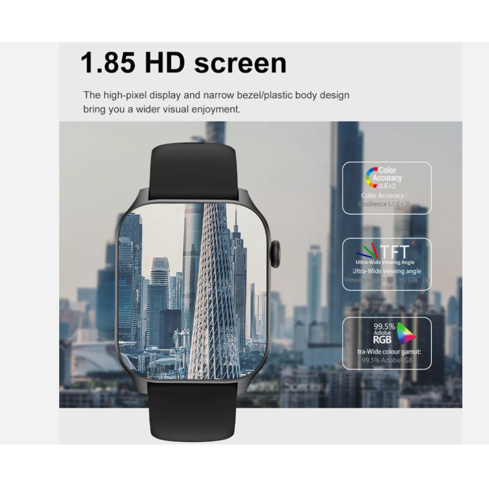Schwarze Smartwatch zeigt Skyline. Text hebt Bildschirmmerkmale, Farbgenauigkeit und breiten Betrachtungswinkel hervor.
