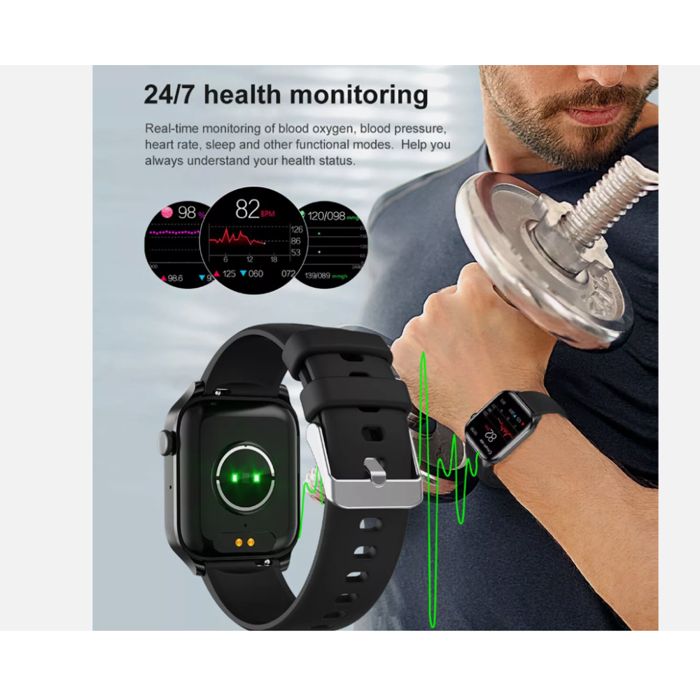 Eine Person, die eine Smartwatch trägt, hebt Gewichte. Die Uhr zeigt Gesundheitsmetriken wie Herzfrequenz und Blutsauerstoffwerte an.