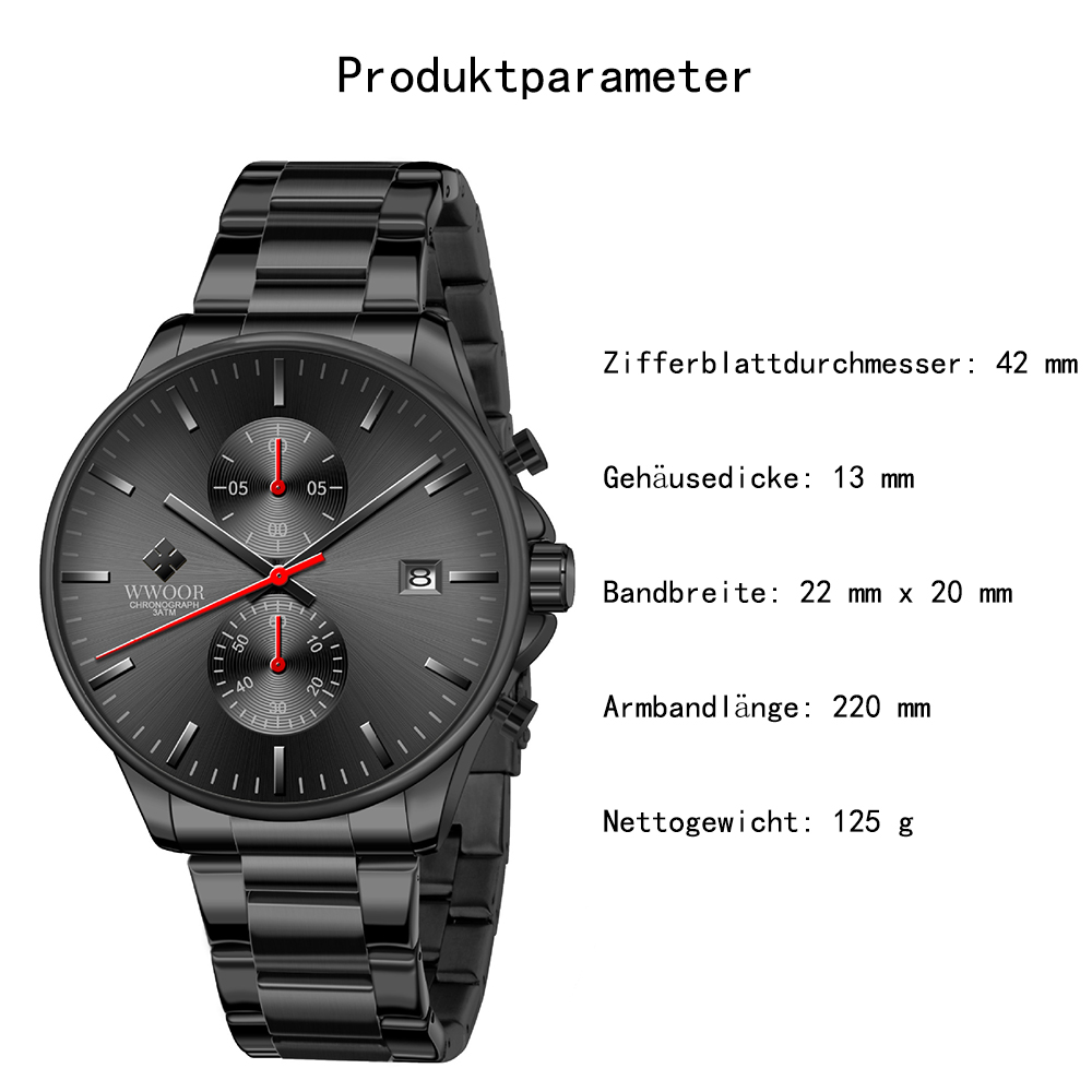 Eine schwarze WWOOR-Chronographenuhr mit grauem Zifferblatt, rotem Sekundenzeiger und Edelstahlband. Text auf Deutsch beschreibt die Abmessungen.