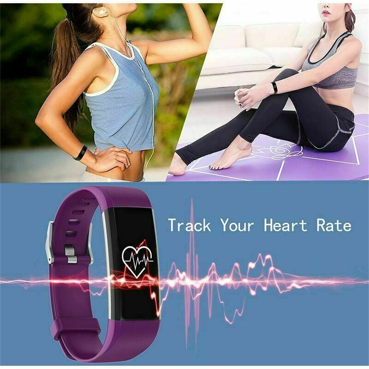 Das Bild zeigt drei Frauen beim Training. Ein Fitness-Tracker mit Herzfrequenzmesser wird angezeigt. Der Text lautet 'Verfolgen Sie Ihre Herzfrequenz'.