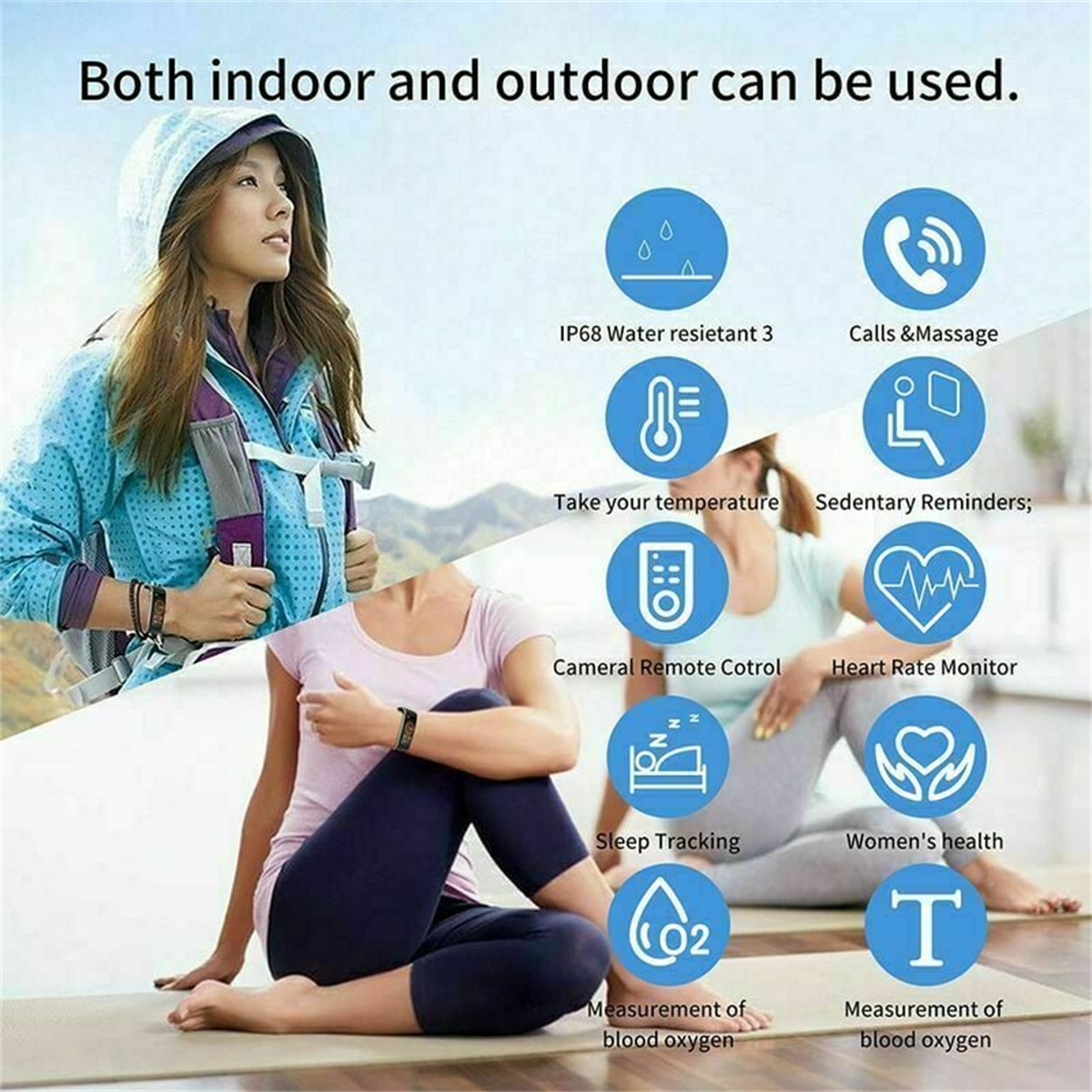 Das Bild zeigt eine Smartwatch mit Funktionen wie Temperatur-, Herzfrequenz- und Blutsauerstoffüberwachung, mit Symbolen und Personen im Hintergrund.