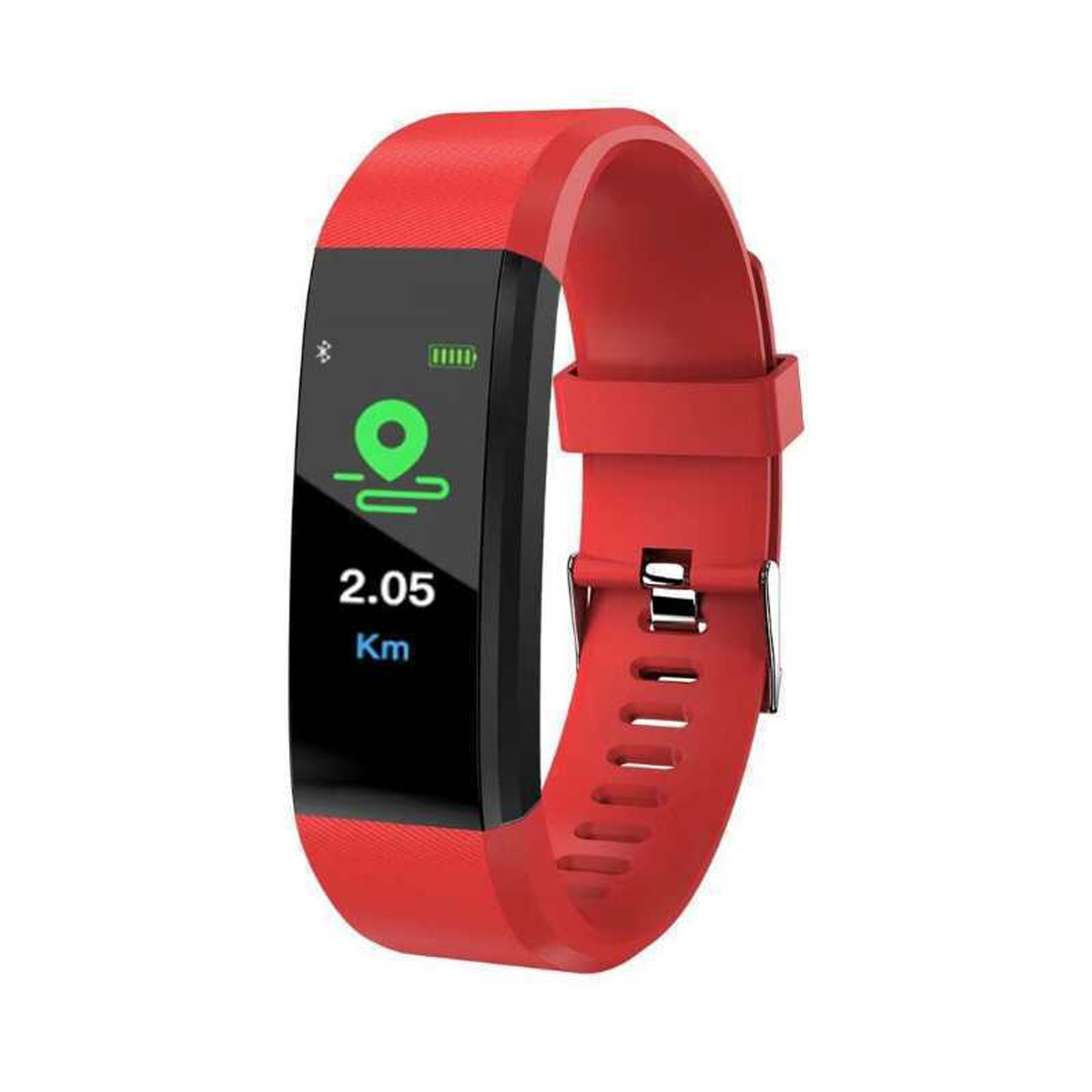 Ein roter Fitness-Tracker zeigt 2,05 km, ein Ortssymbol und Akkulaufzeit an. Es hat einen schwarzen Bildschirm und ein rotes Armband.
