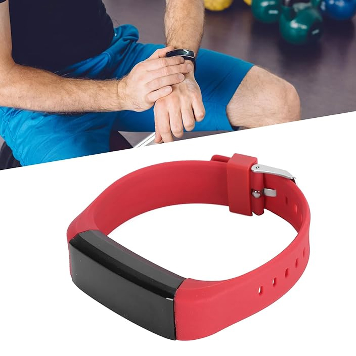 Ein rotes Fitness-Tracker-Armband mit schwarzem Bildschirm wird gezeigt. Im Hintergrund trägt eine Person einen ähnlichen Tracker am Handgelenk.
