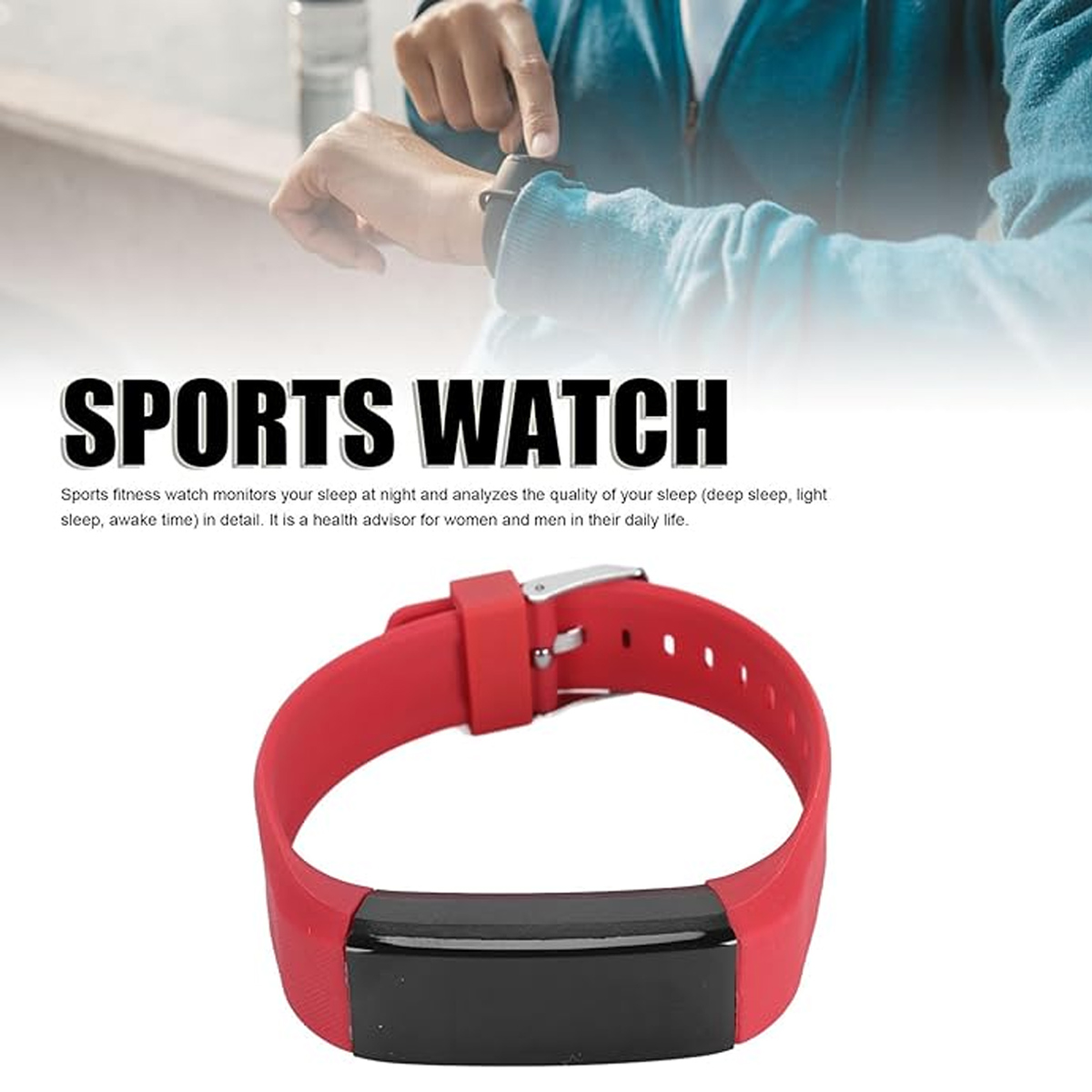 Eine rote Sportuhr mit schwarzem Bildschirm. Eine Hand zeigt auf eine Uhr am Handgelenk. Text lautet: 'SPORTS WATCH'.