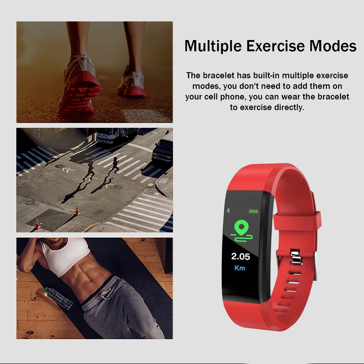 Das Bild zeigt einen roten Fitnesstracker mit schwarzem Bildschirm. Drei kleinere Bilder zeigen Übungsaktivitäten.
