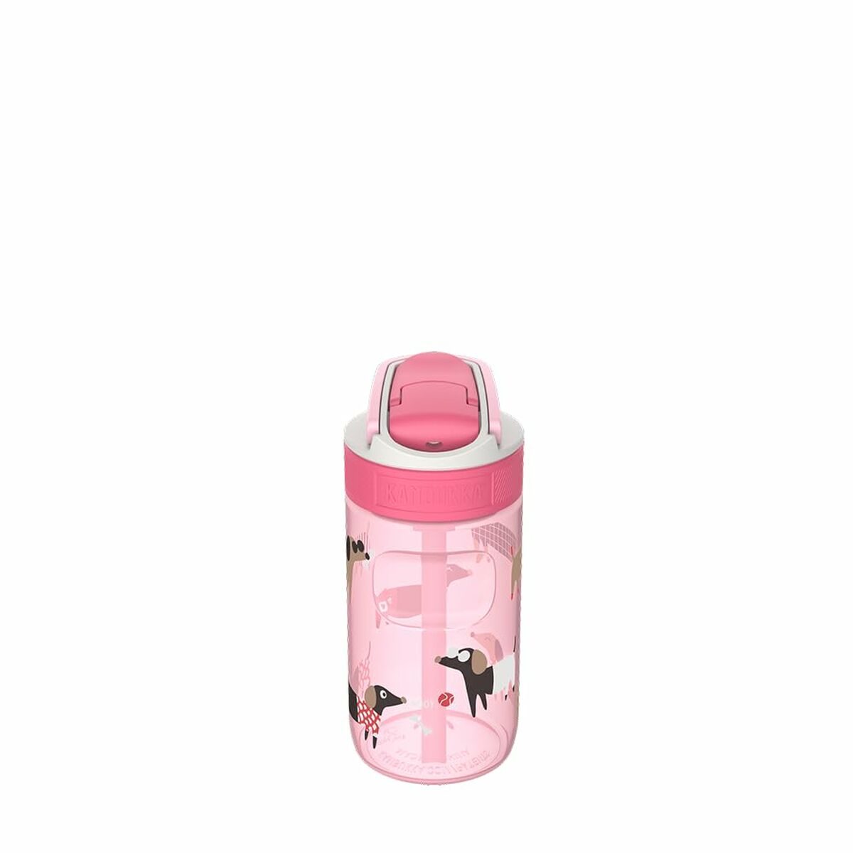 Eine rosa Wasserflasche mit einem weißen und rosa Deckel. Es hat Illustrationen von Hunden. Der Hintergrund ist weiß.