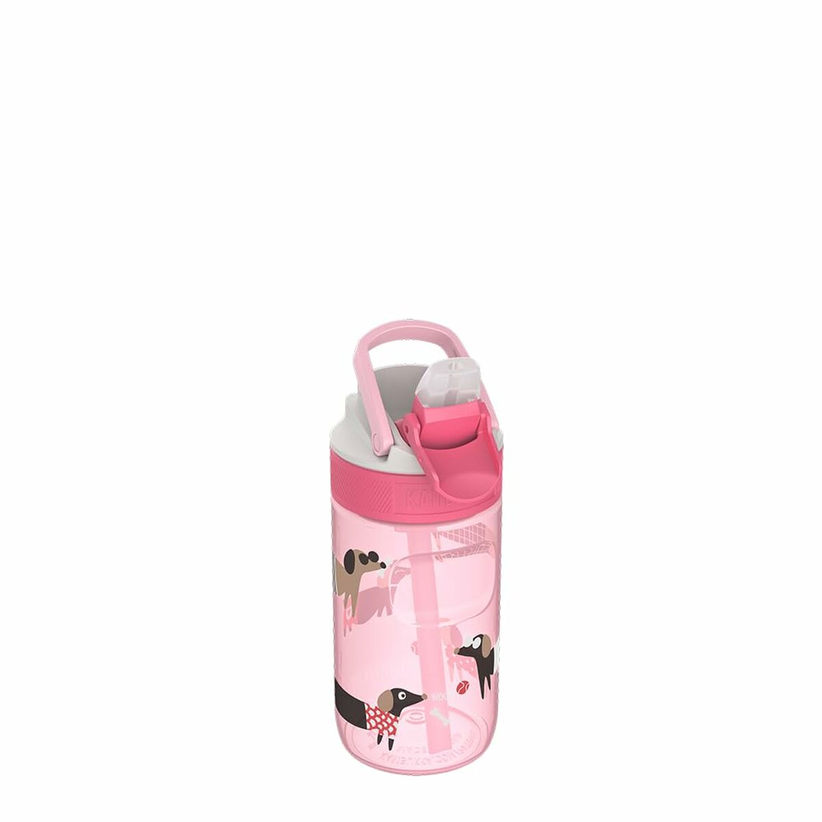 Eine rosa Wasserflasche mit Hundeillustrationen. Sie hat einen weißen Deckel, einen rosa Griff und einen Strohhalm. Der Hintergrund ist weiß.