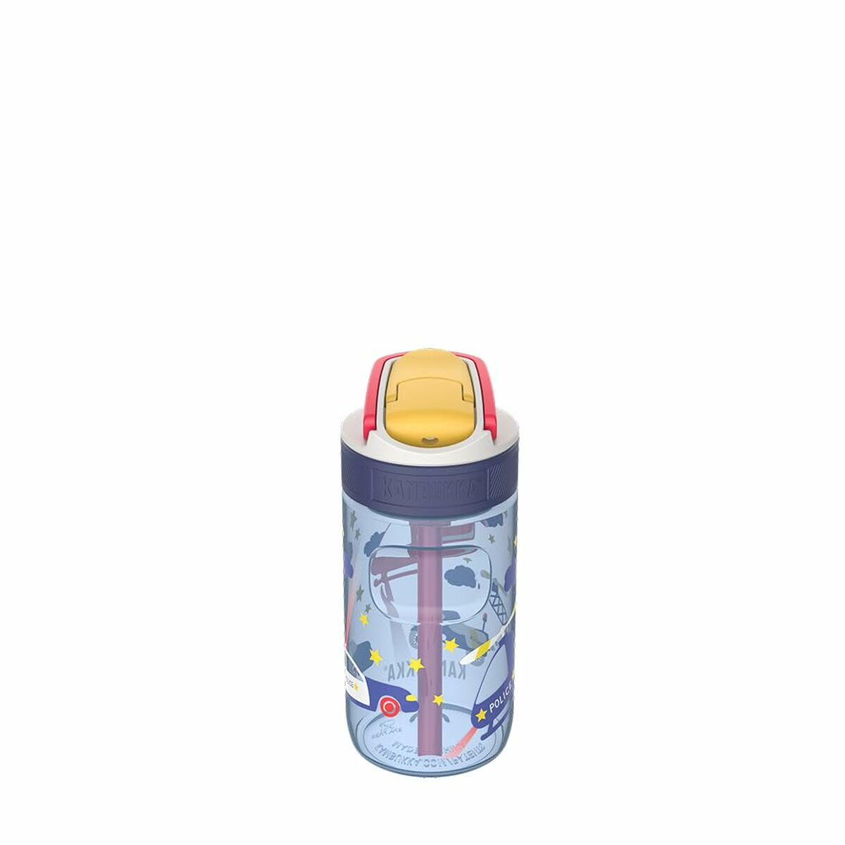 Eine Wasserflasche mit gelbem Deckel und blauem Körper mit Illustrationen von Autos und Sternen. Sie hat einen rot-weißen Deckel.
