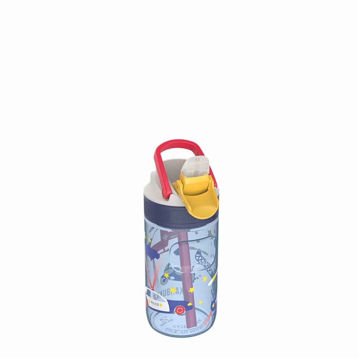 Eine transparente Wasserflasche mit rotem Griff und gelbem Ausguss. Sie hat blaue und weiße Akzente mit Cartoon-Polizeiautografiken.