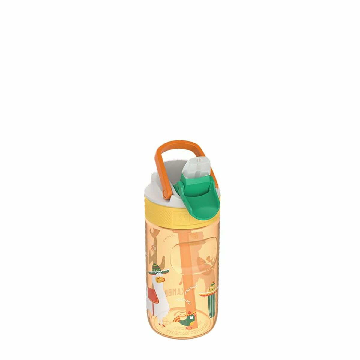 Transparente Wasserflasche mit orangefarbenen und grünen Akzenten. Verziert mit Cartoon-Lamas, Kakteen und dem Wort YBMAX. Oranger Griff.