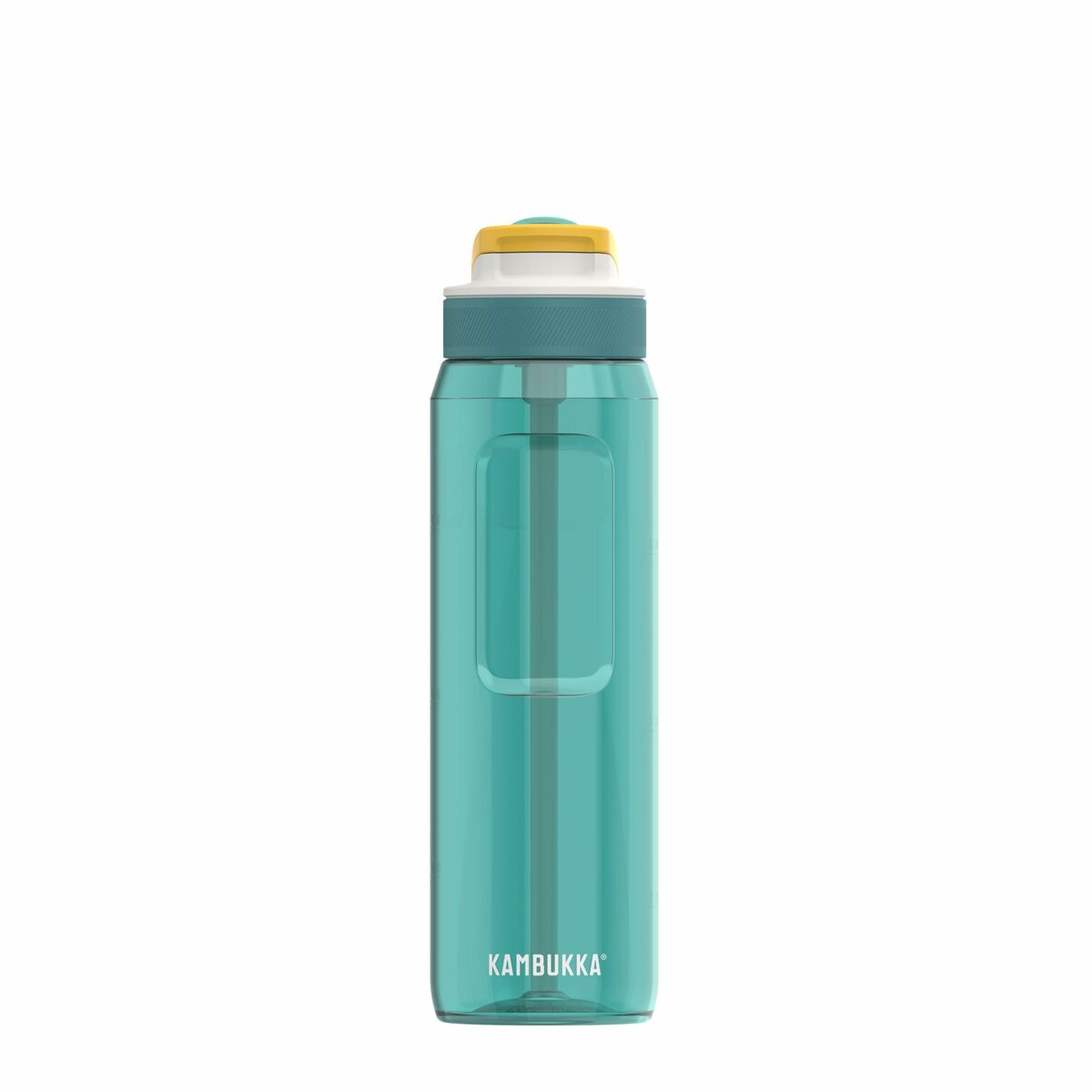 Eine türkisfarbene Kambukka-Wasserflasche steht auf einer weißen Oberfläche und hat einen gelben und weißen Deckel.
