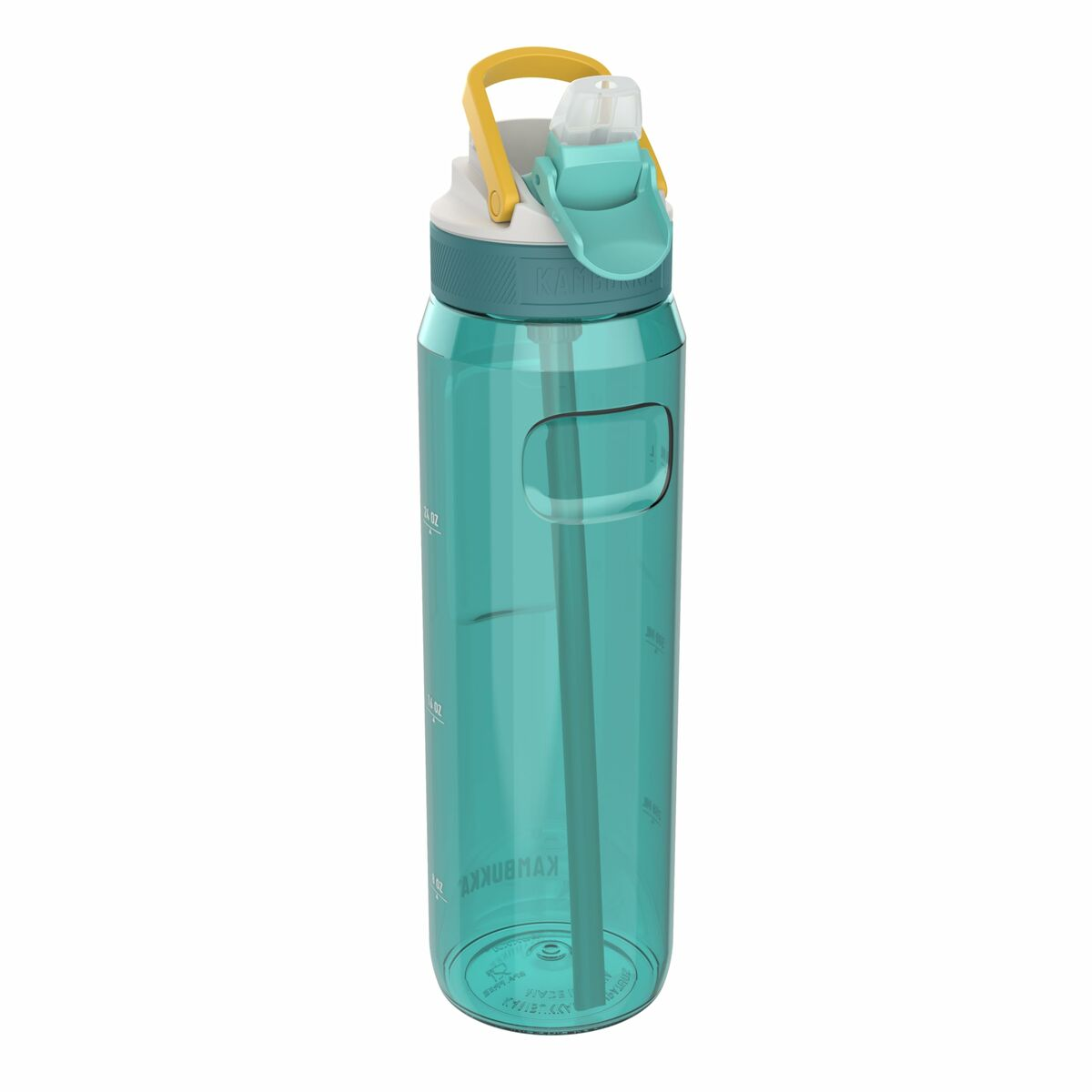 Eine türkisfarbene Wasserflasche mit gelbem Griff und Strohhalm. Die Flasche hat Messungen und ein Logo. Sie steht auf weißem Hintergrund.