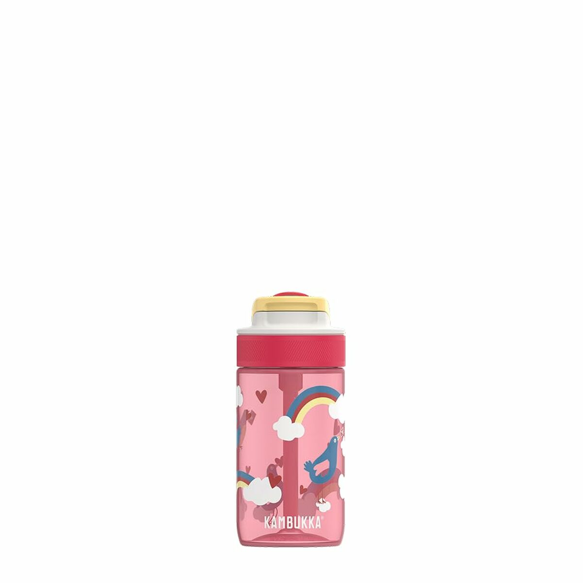 Eine rosa Kambukka-Wasserflasche mit Regenbogen-, Vogel- und Wolkenmotiven. Sie hat einen roten Deckel und eine gelbe Kappe.
