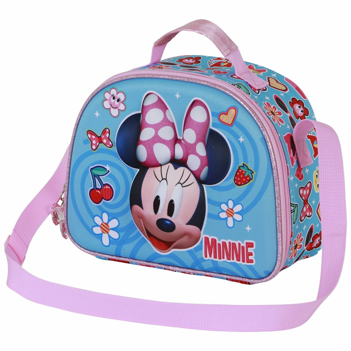 Eine blaue Minnie-Maus-Lunch-Tasche mit rosa Trägern und Henkel. Sie hat Minnie's Gesicht und Schleife, sowie Blumen, Kirschen und Schmetterlinge.