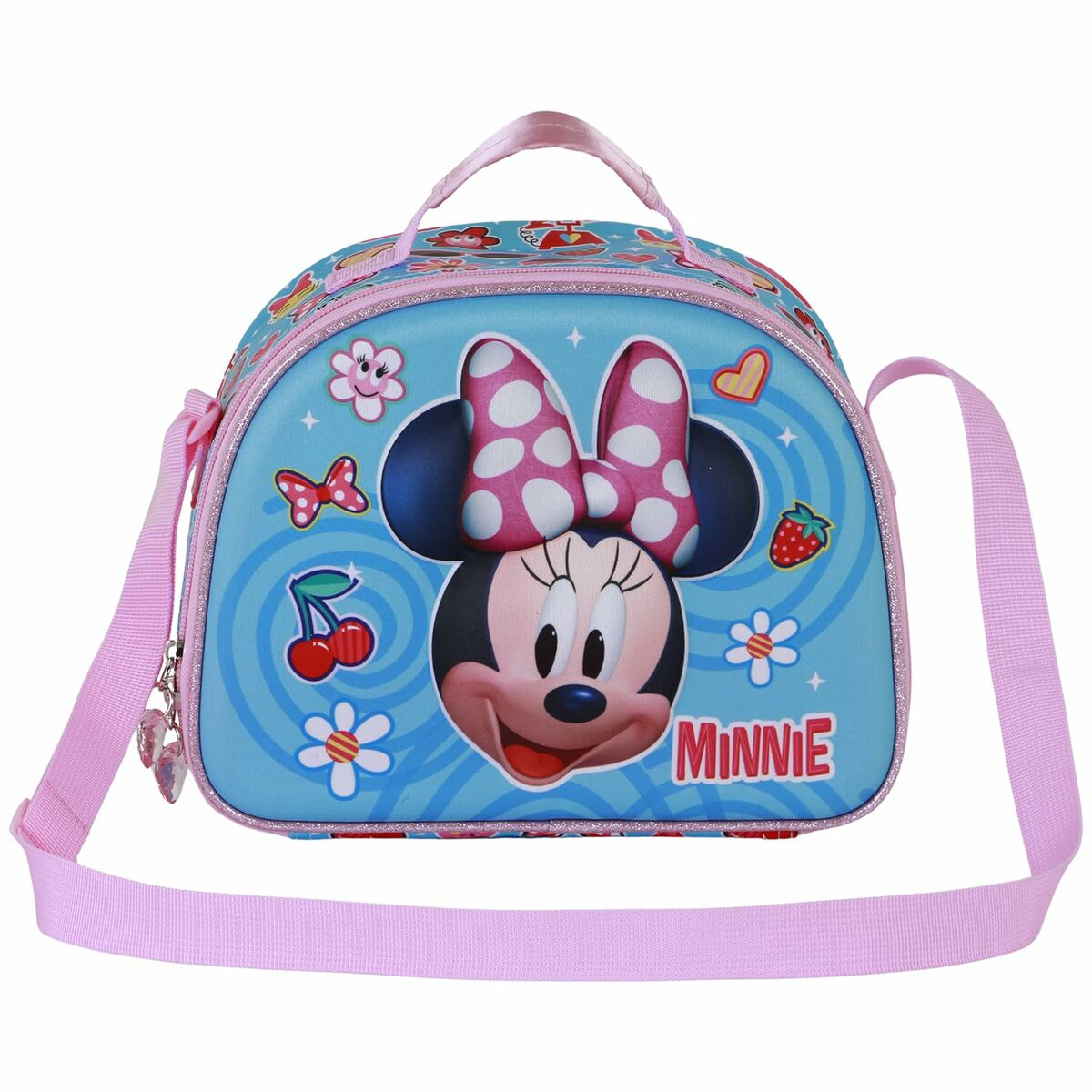 Eine blaue Minnie-Mouse-Lunchtasche mit rosa Riemen. Sie hat Minnie's Gesicht, eine rosa Schleife und Verzierungen. Die Tasche ist mit Blumen verziert.