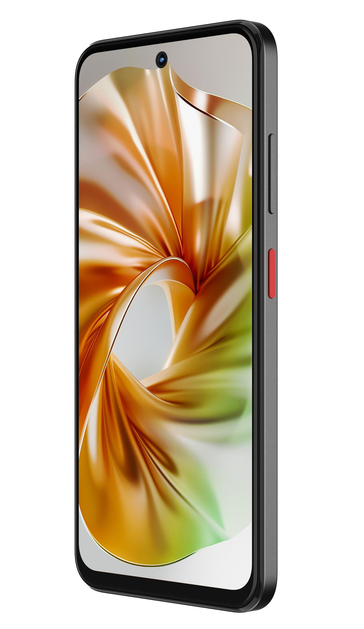 Czarny smartfon z ekranem wyświetlającym abstrakcyjny pomarańczowo-złoty wzór. Czerwony przycisk z boku.