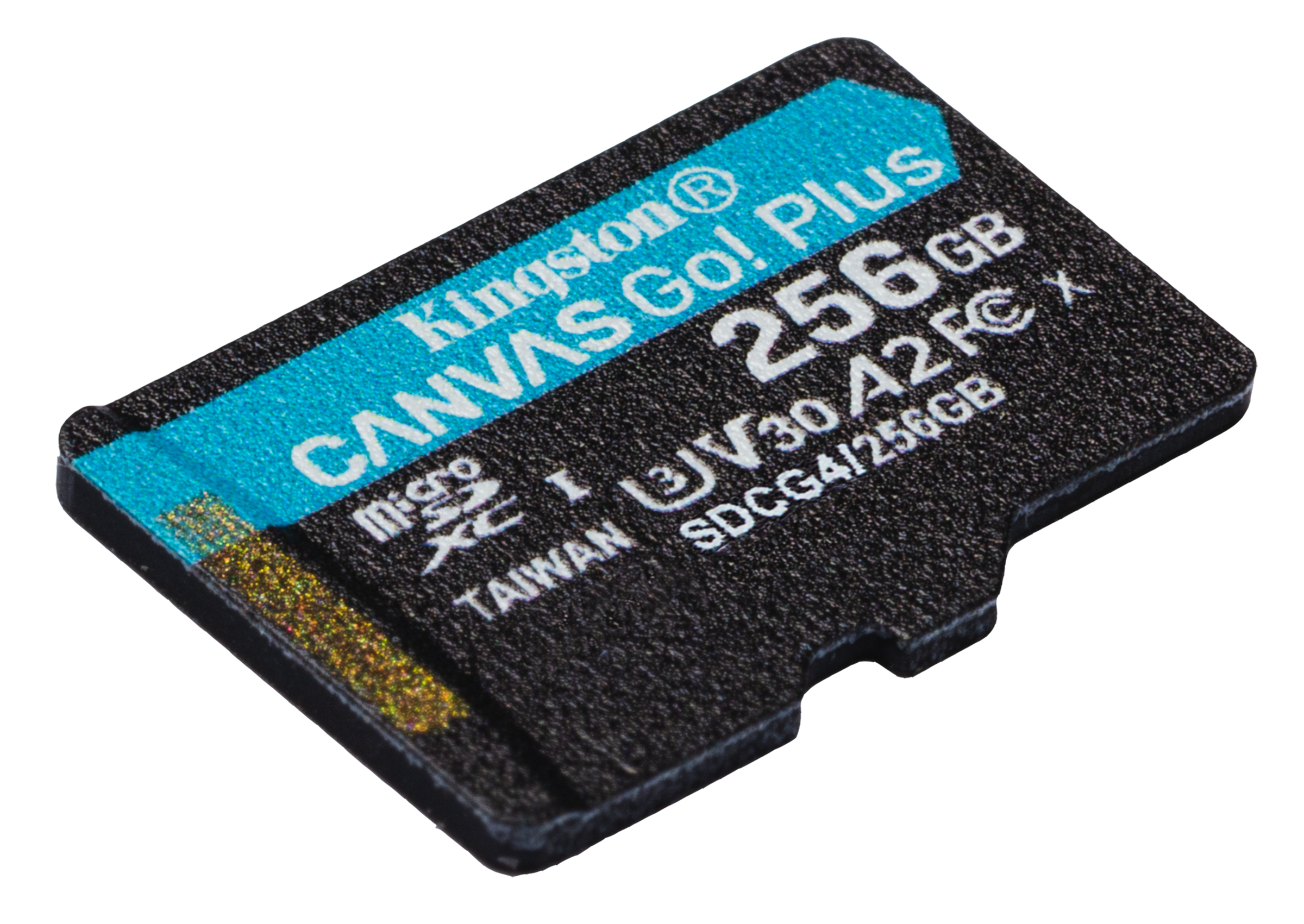 Eine schwarze Kingston Canvas Go! Plus 256GB Micro-SD-Karte mit blauem und weißem Text, isoliert auf Weiß.