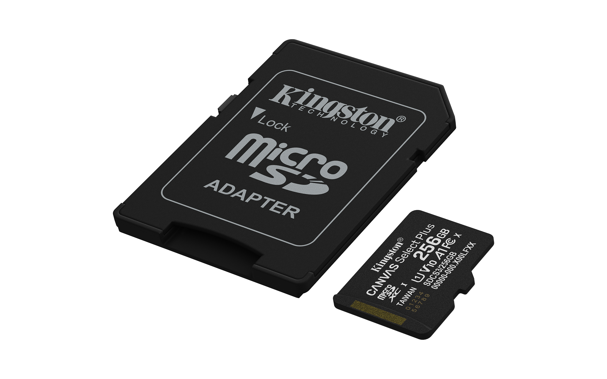 Czarny adapter Kingston Micro SD i karta Micro SD na białym tle. Karta ma 256GB.