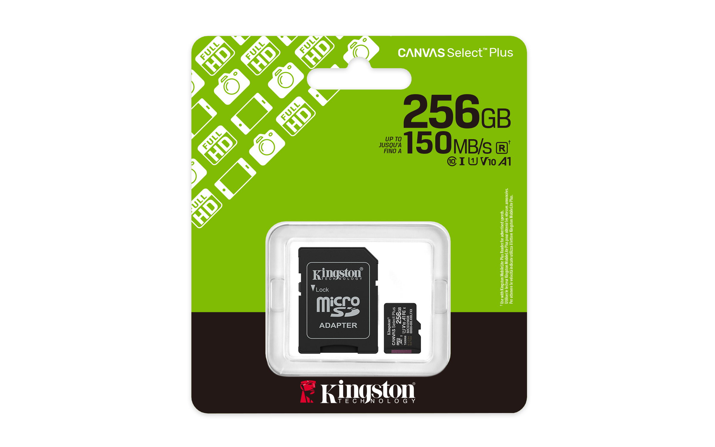 Karta microSD Kingston Canvas Select Plus. Ma pojemność 256 GB i prędkość 150 MB/s. Jest w zielono-czarnym opakowaniu.
