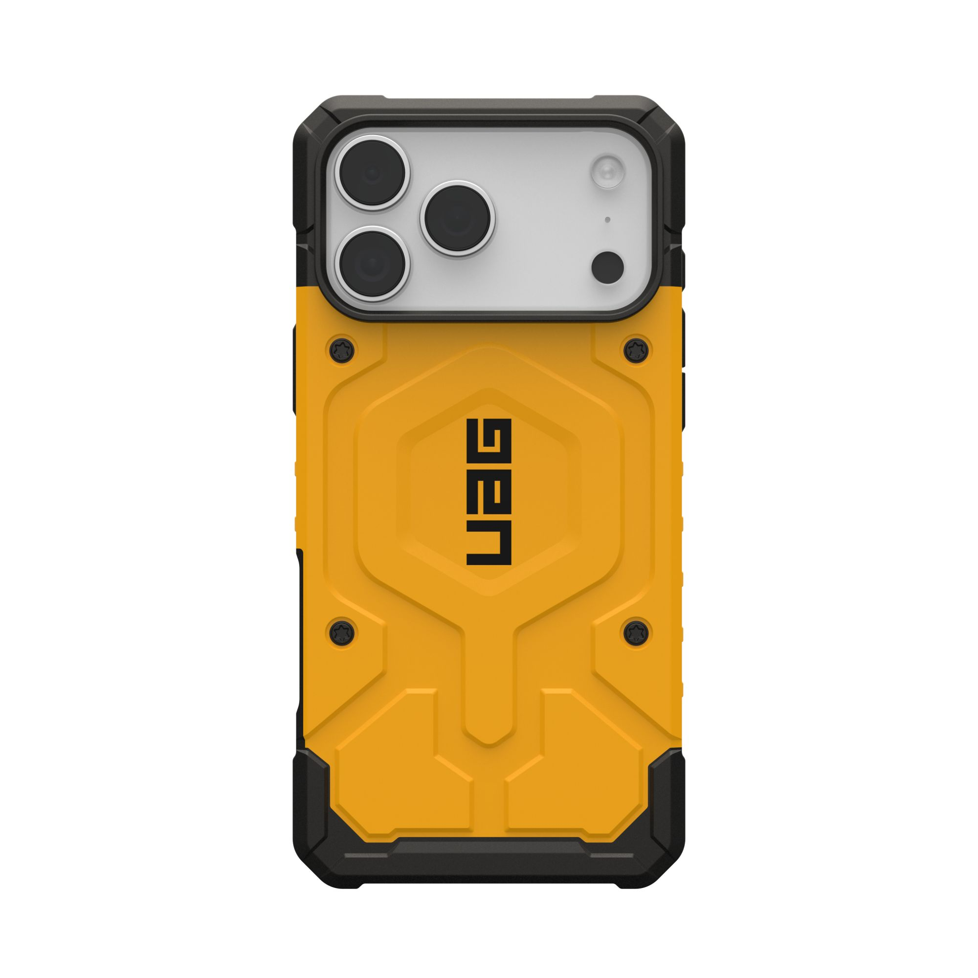 Eine gelb-schwarze Handyhülle mit dem UAG-Logo. Die Hülle hat ein robustes Design mit Kameraausschnitten oben.