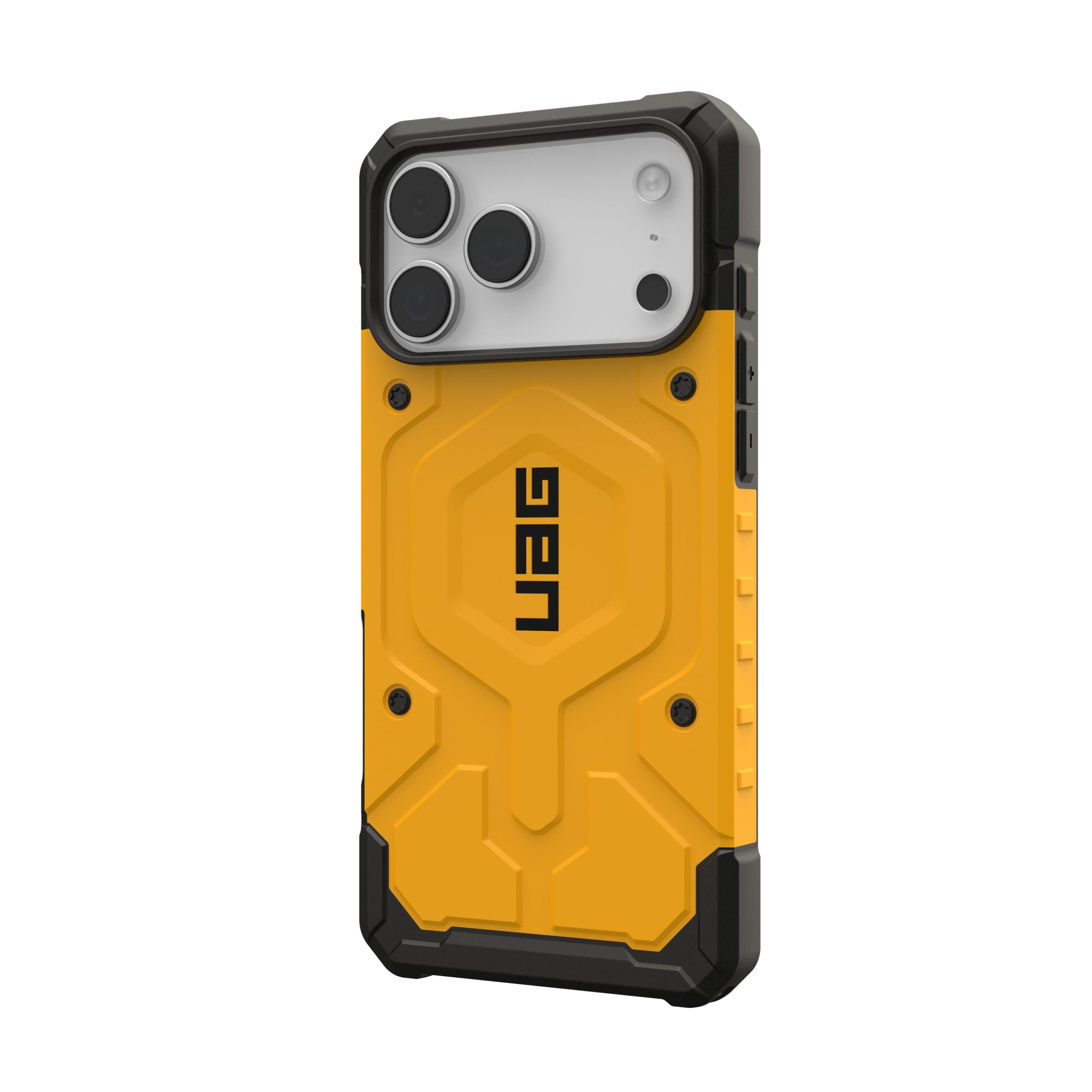 Gelb-schwarze Handyhülle mit UAG-Logo. Schützt Kamera und Kanten des Telefons.