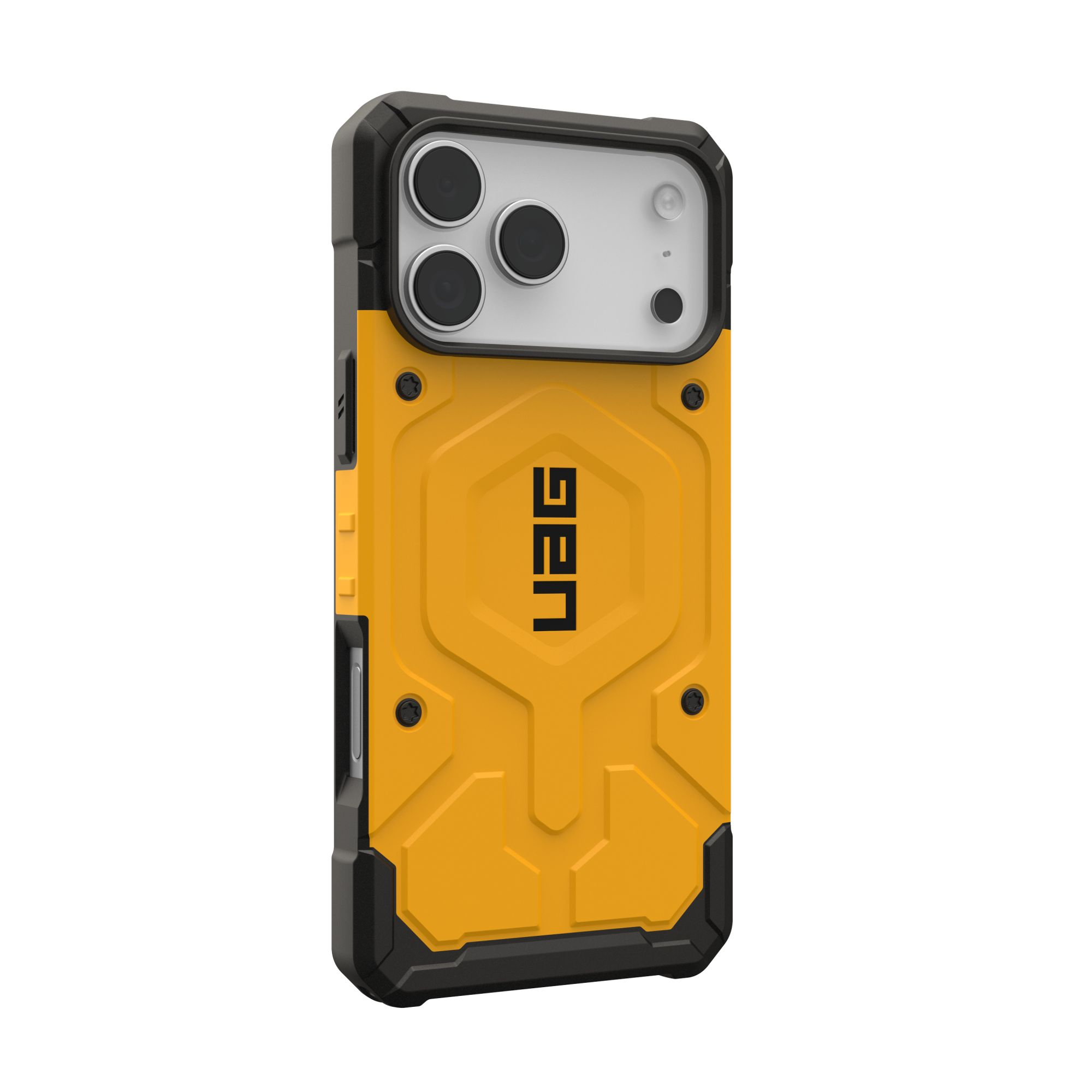 Eine gelb-schwarze Handyhülle mit dem UAG-Logo. Sie schützt die Rückseite und die Kamera des Telefons.