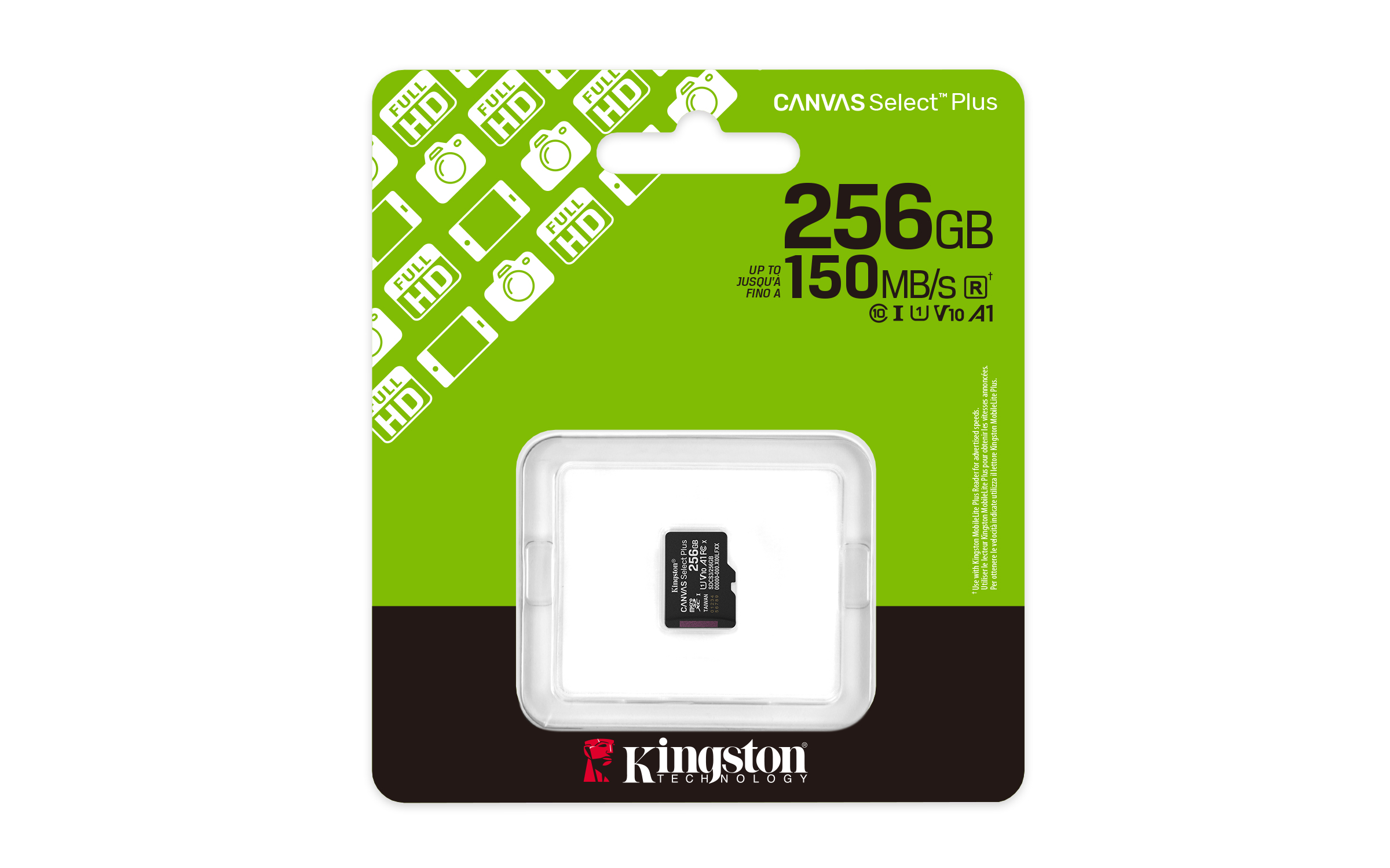 Eine Kingston-Speicherkartenverpackung. Die Karte hat 256 GB und 150 MB/s. Die Verpackung ist grün und schwarz mit HD-Symbolen.