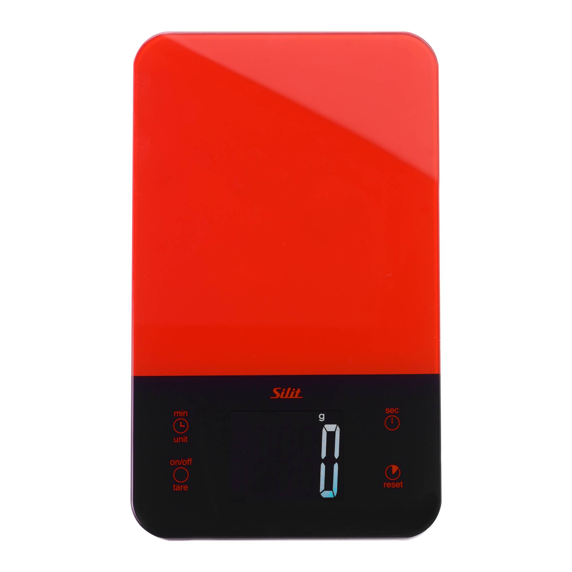 Eine rot-schwarze digitale Küchenwaage. Das Display zeigt '0'. Tasten für min, Einheit, Ein/Aus, Tara, sec und Reset sind sichtbar.
