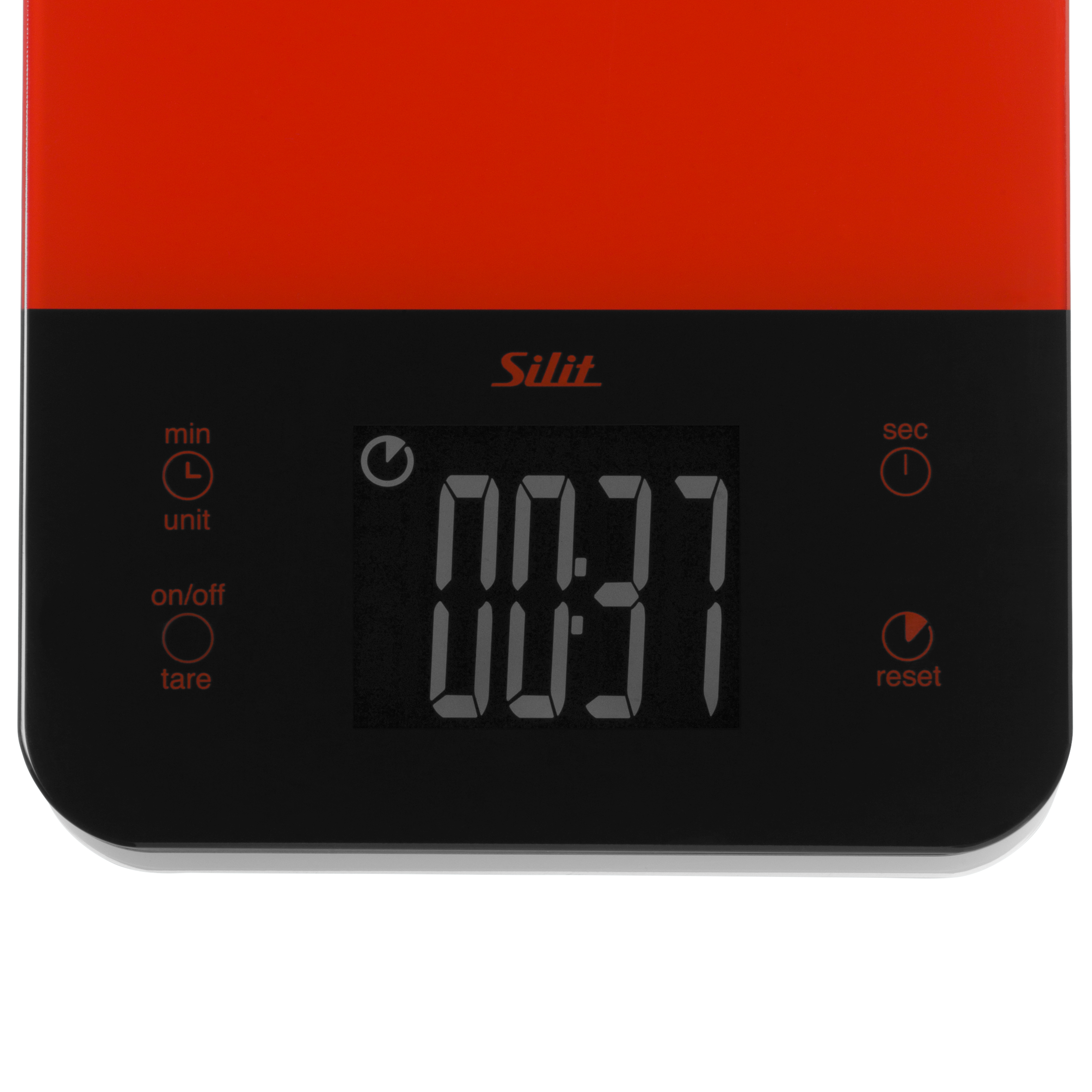 Eine digitale Küchenwaage mit schwarzem Display, das '00:37' anzeigt. Sie hat rote und schwarze Akzente und Tasten wie 'min', 'sec'.