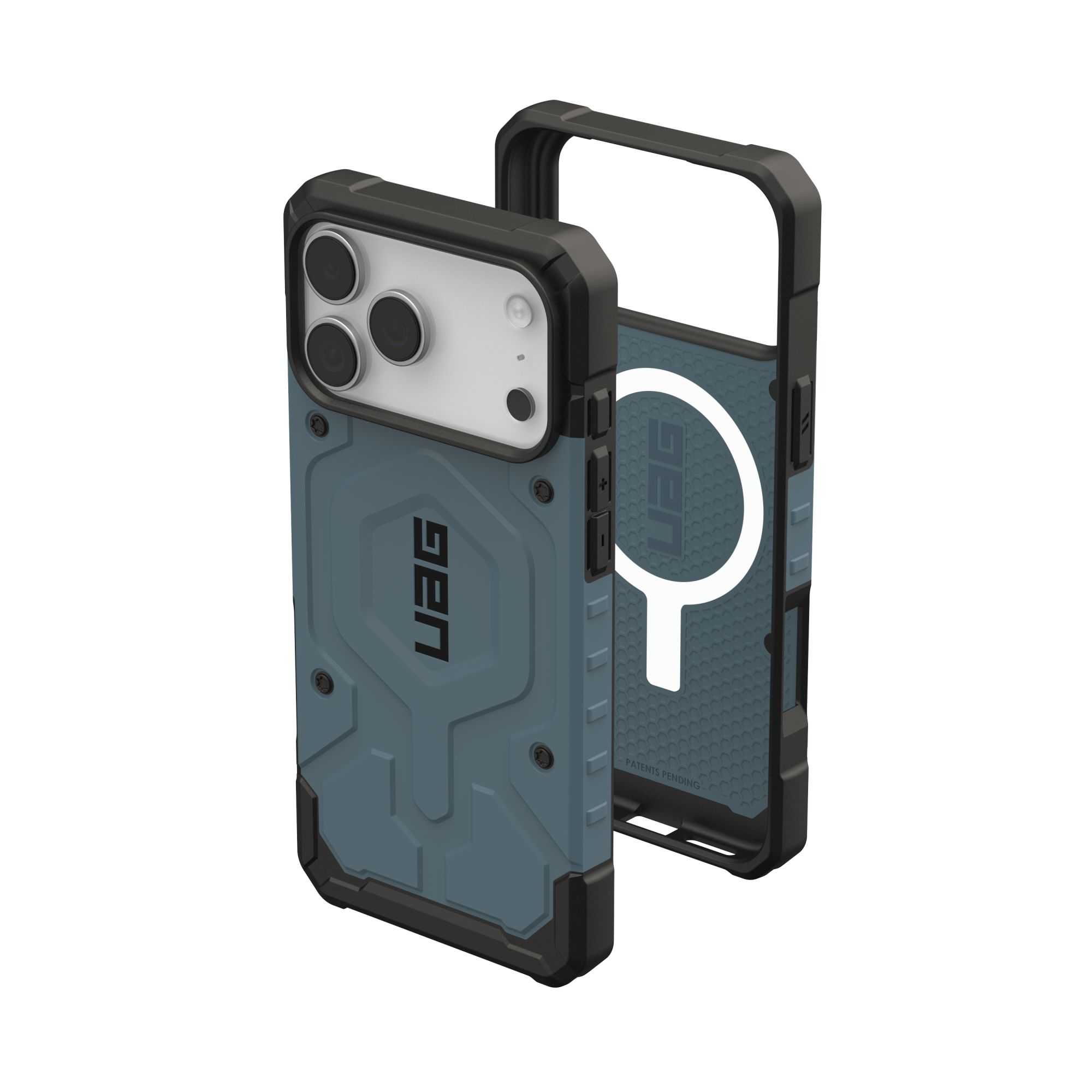 Eine blau-schwarze Handyhülle mit UAG-Logo, neben einem abgenommenen Rahmen, der das Innere zeigt.