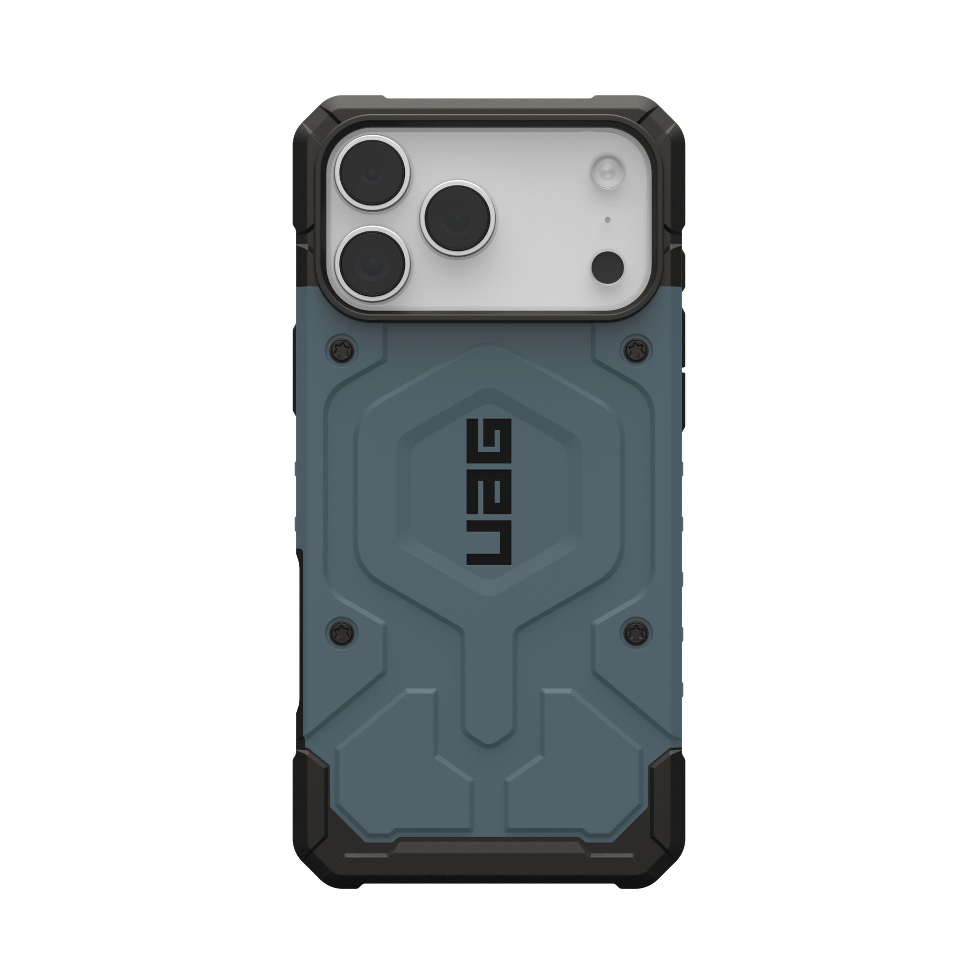 Eine teal-schwarze Handyhülle mit UAG-Logo. Sie hat einen Kameraausschnitt und ein Schutzdesign.